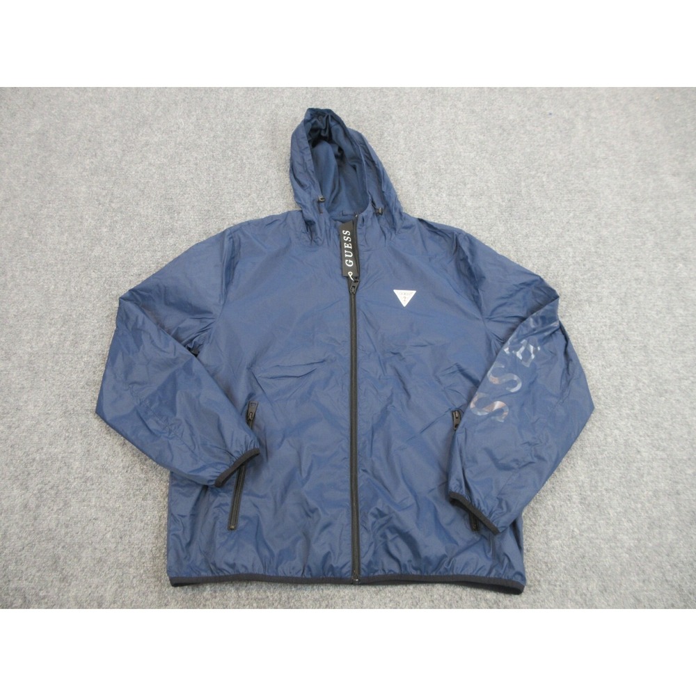 Guess Jacket Mens XL Blue Hooded Windbreaker Full Zip Logo Lightweight Casual